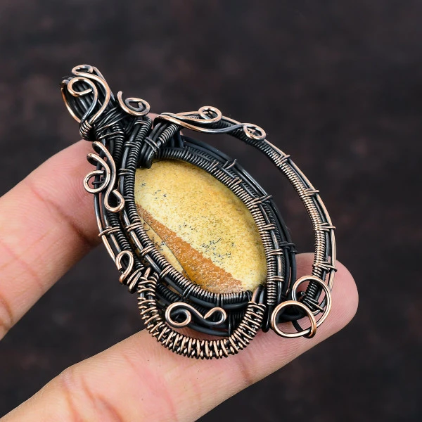 Picture Jasper Oval Brown Handmade Copper Wire Wrapped Pendant