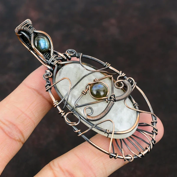 Rainbow Moonstone Oval White Handmade Copper Wire Wrapped Pendant