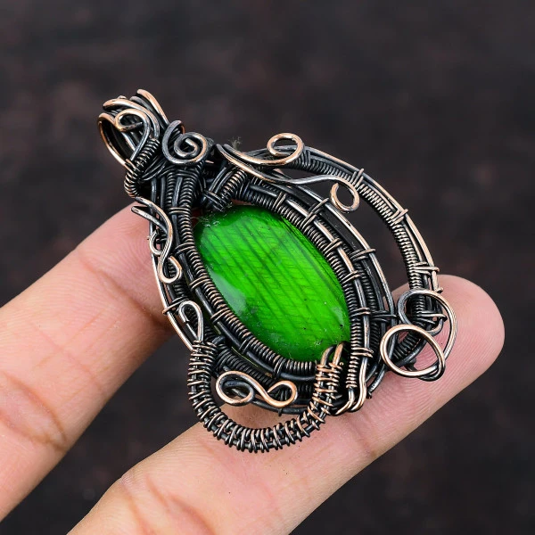 Green Fire Labradorite Oval Green Handmade Copper Wire Wrapped Pendant