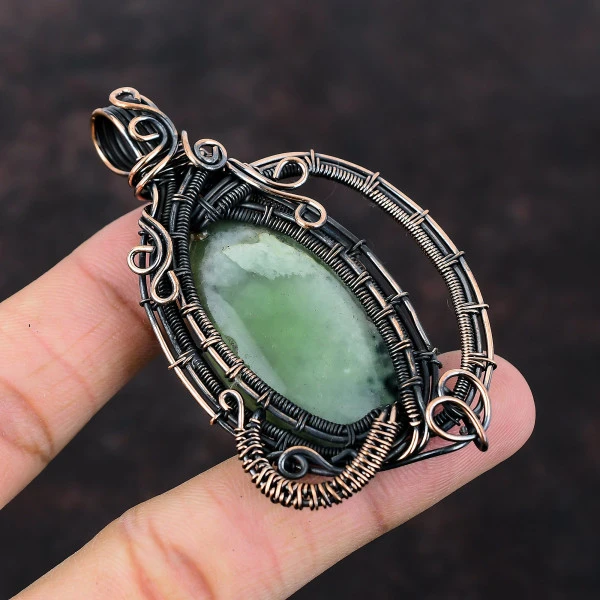 Prehnite Oval Green Handmade Copper Wire Wrapped Pendant
