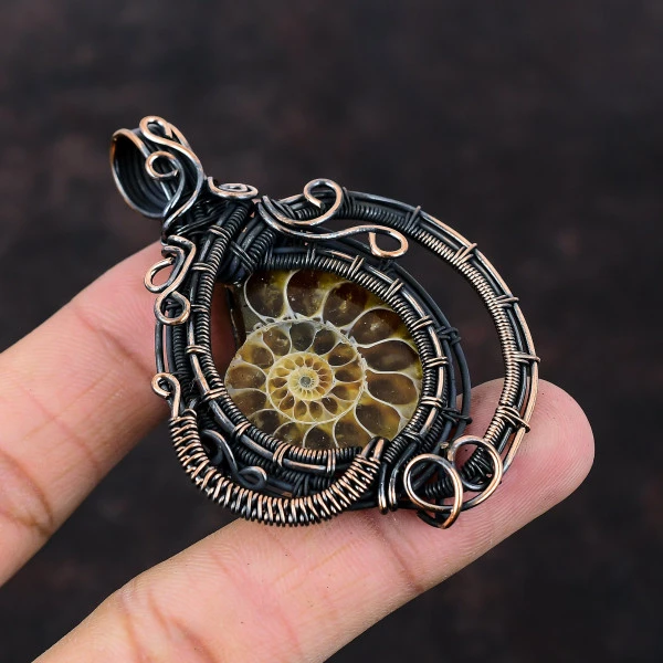 Ammonite Fossil Pear Brown Handmade Copper Wire Wrapped Pendant