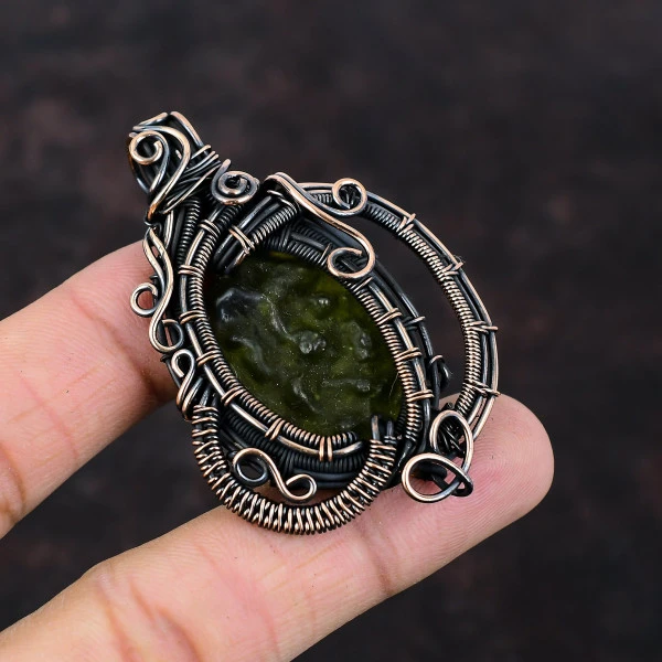 Handmade Moldavite Pendant | Copper Wire Wrapped Natural Gemstone Pendant