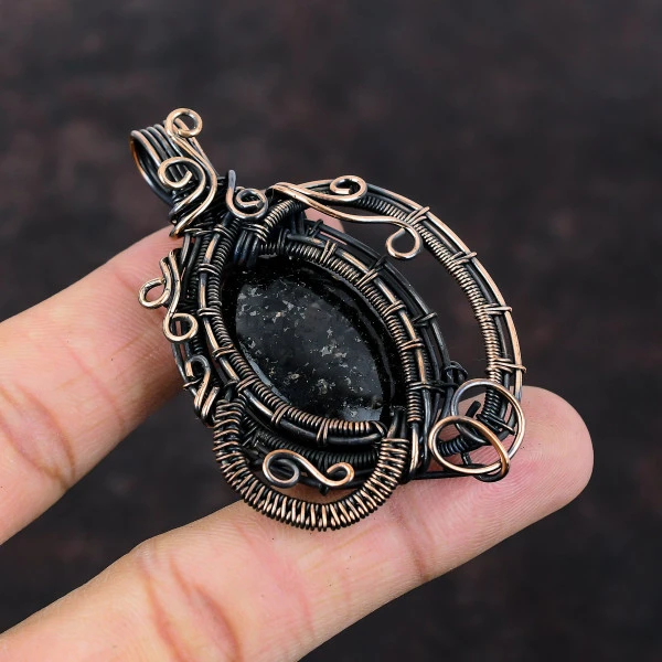 Nuummite Oval Black Handmade Copper Wire Wrapped Pendant