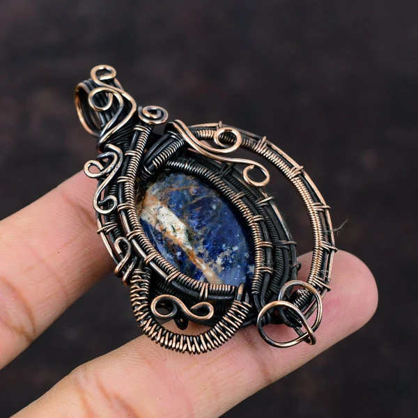 Sodalite Oval Blue Handmade Copper Wire Wrapped Pendant