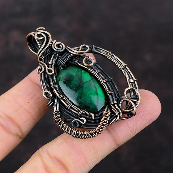 Green Fire Labradorite Oval Green Handmade Copper Wire Wrapped Pendant