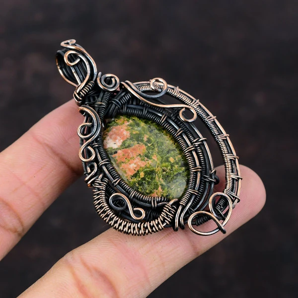 Unakite Oval Green Handmade Copper Wire Wrapped Pendant