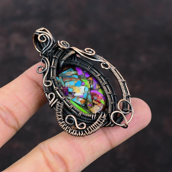 Fiesta Kingman Turquoise Oval Green Handmade Copper Wire Wrapped Pendant