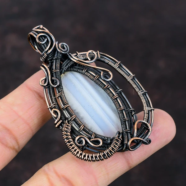 Botswana Agate Oval White Handmade Copper Wire Wrapped Pendant