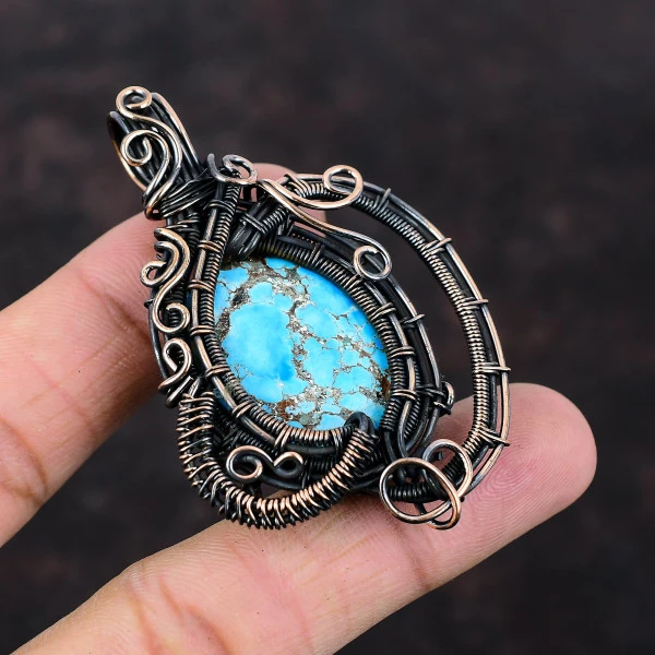 Tibetan Turquoise Oval Blue Handmade Copper Wire Wrapped Pendant