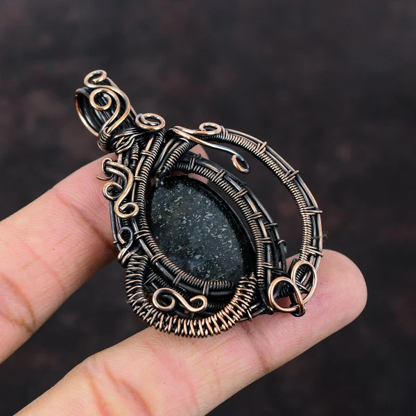 Marcasite Oval Black Handmade Copper Wire Wrapped Pendant