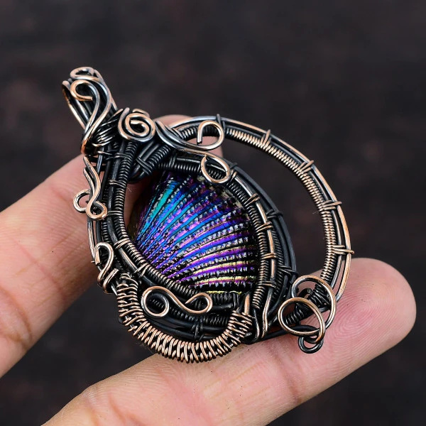 Titanium Coated Shell Pear Blue Handmade Copper Wire Wrapped Pendant
