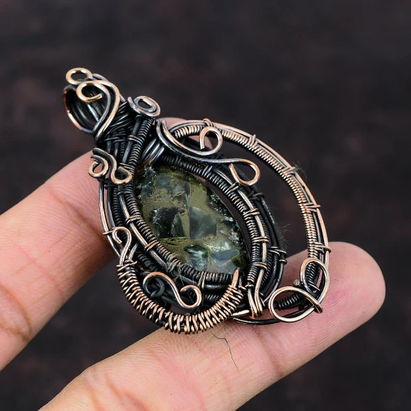 Copper Seraphinite Oval Green Handmade Copper Wire Wrapped Pendant