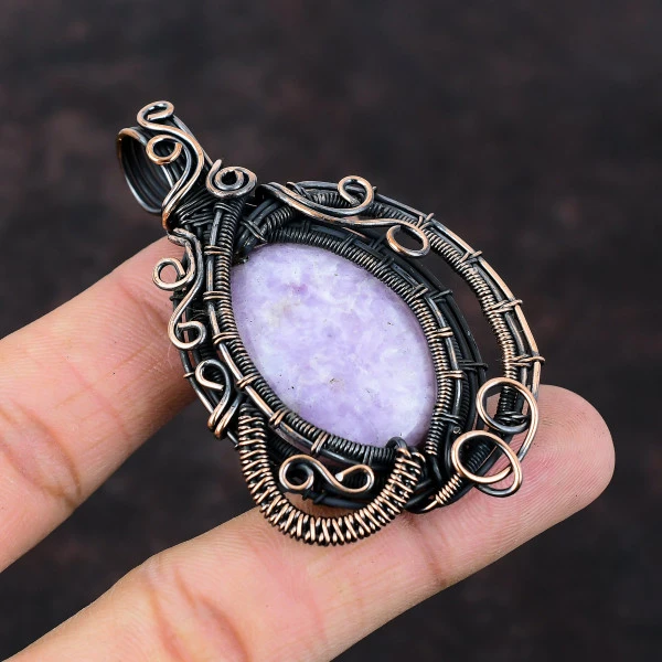 Lepidolite Oval Purple Handmade Copper Wire Wrapped Pendant