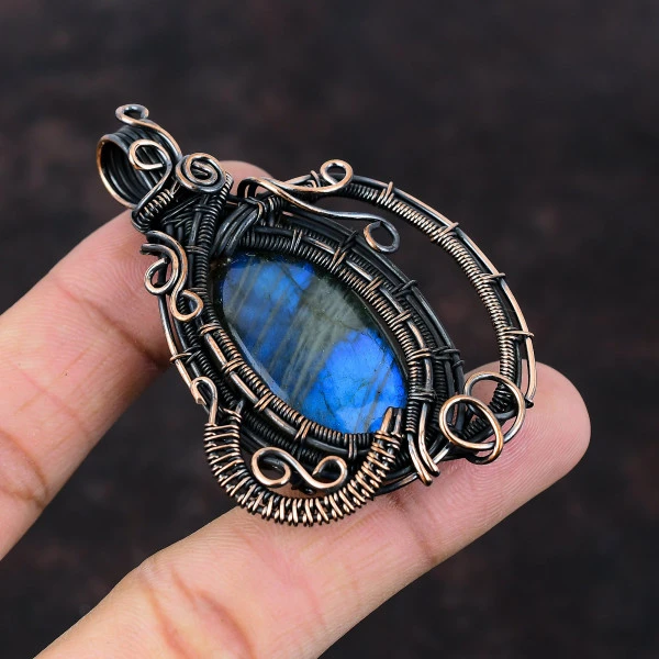 Labradorite Oval Blue Handmade Copper Wire Wrapped Pendant
