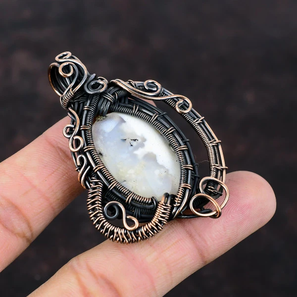 Plume Agate Oval White Handmade Copper Wire Wrapped Pendant