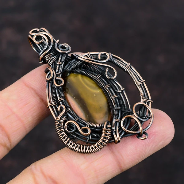 Polychrome Jasper Oval Brown Handmade Copper Wire Wrapped Pendant