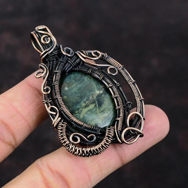 Ocean Jasper Oval Green Handmade Copper Wire Wrapped Pendant