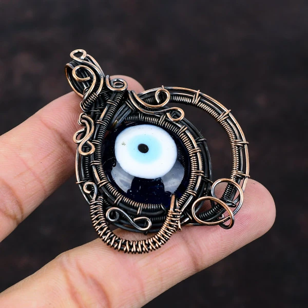 Blue Color Evil Eye Round Blue Handmade Copper Wire Wrapped Pendant