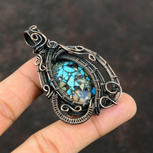 Copper Multi Turquoise Oval Blue Handmade Copper Wire Wrapped Pendant