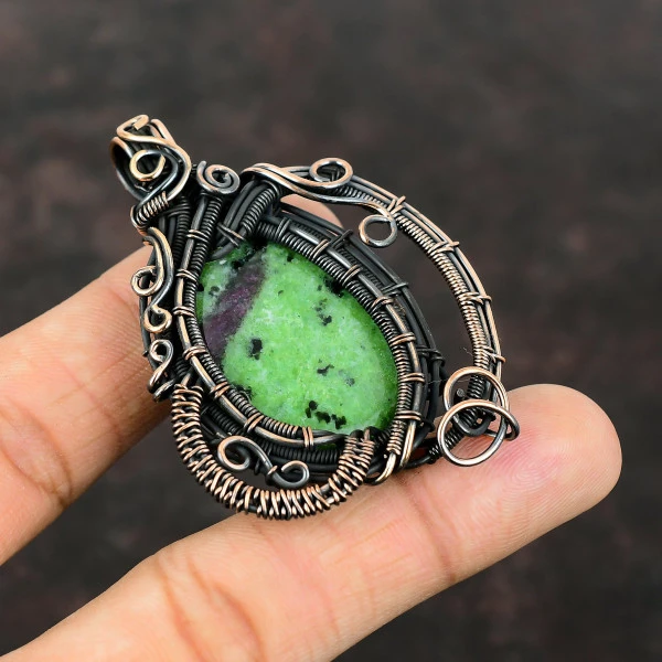 Ruby Zoisite Oval Green Handmade Copper Wire Wrapped Pendant