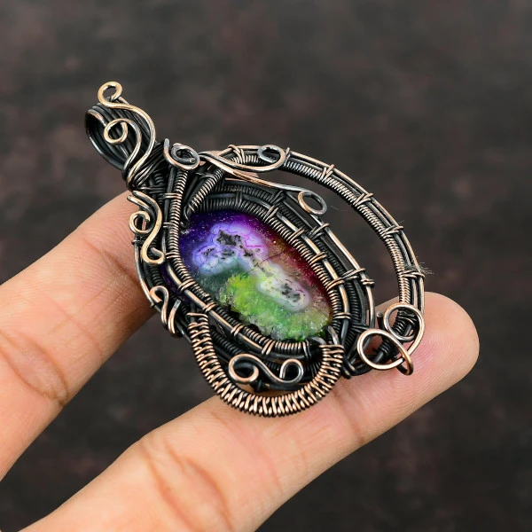 Rainbow Solar Quartz Druzy Pentagon Pink Handmade Copper Wire Wrapped Pendant