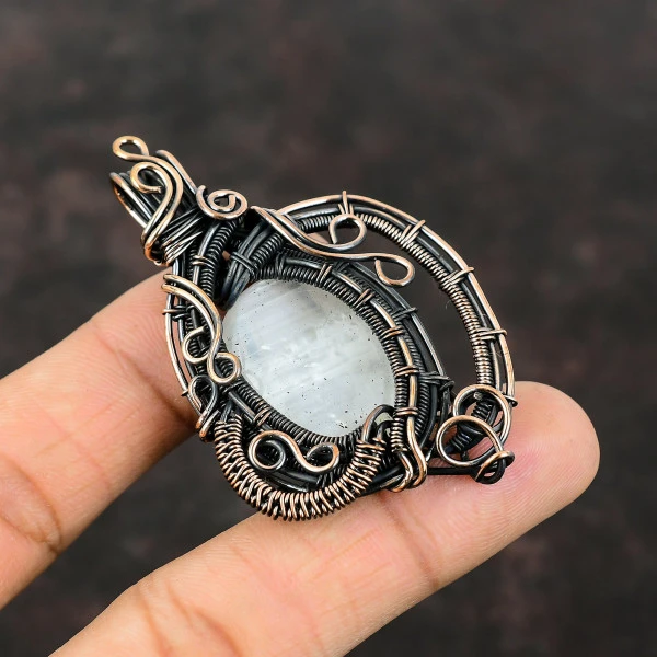 Selenite Oval White Handmade Copper Wire Wrapped Pendant