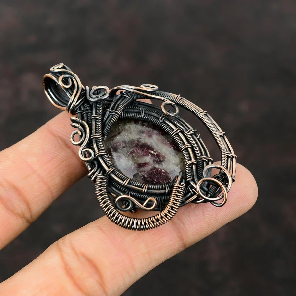 Pink Tourmaline Oval Pink Handmade Copper Wire Wrapped Pendant