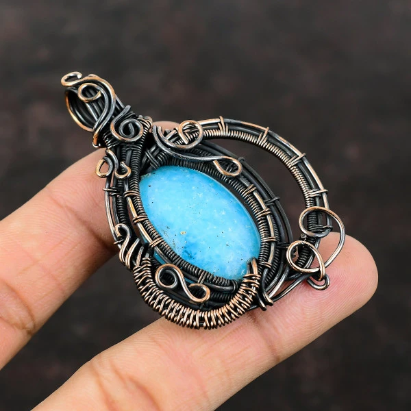 Smithsonite Oval Blue Handmade Copper Wire Wrapped Pendant