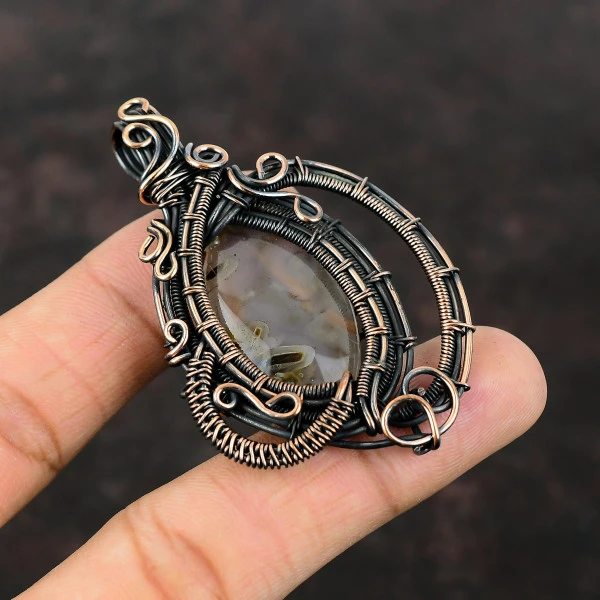 Stick Agate Oval Brown Handmade Copper Wire Wrapped Pendant