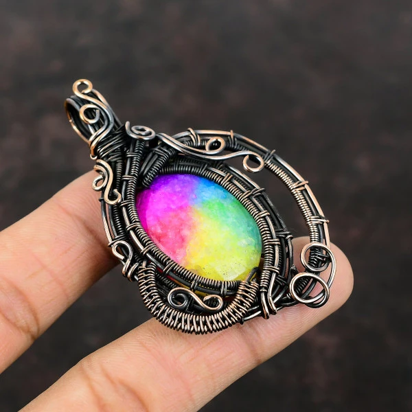 Rainbow Solar Quartz Druzy Oval Yellow Handmade Copper Wire Wrapped Pendant