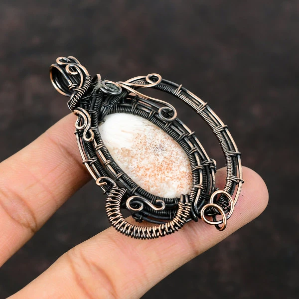 Scolecite Oval Peach Handmade Copper Wire Wrapped Pendant