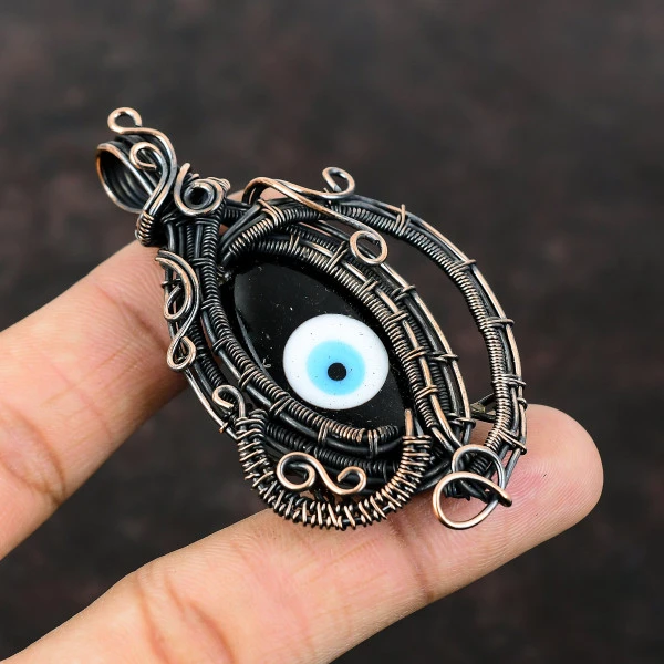 Black Color Evil Eye Marquise Black Handmade Copper Wire Wrapped Pendant