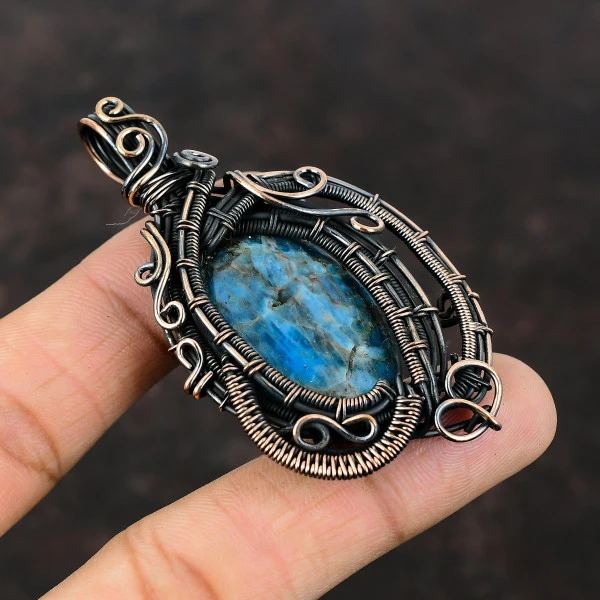 Neon Apatite Oval Blue Handmade Copper Wire Wrapped Pendant