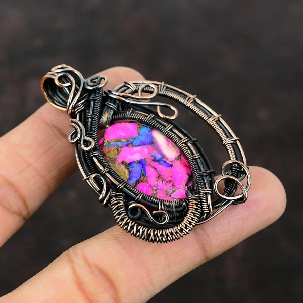 Natural Kingman Pink Dahlia Turquoise Oval Pink Handmade Copper Wire Wrapped Pendant
