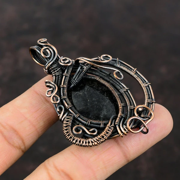 Black Rutile Oval Black Handmade Copper Wire Wrapped Pendant