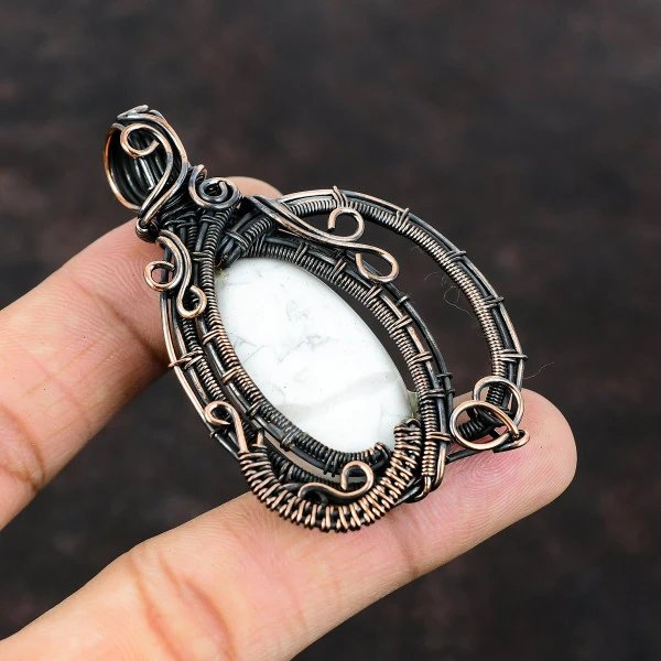 Howlite Oval White Handmade Copper Wire Wrapped Pendant
