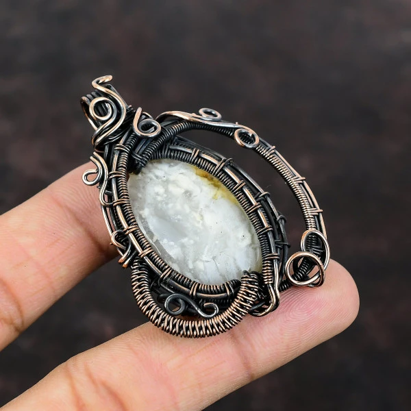 Plume Agate Oval White Handmade Copper Wire Wrapped Pendant