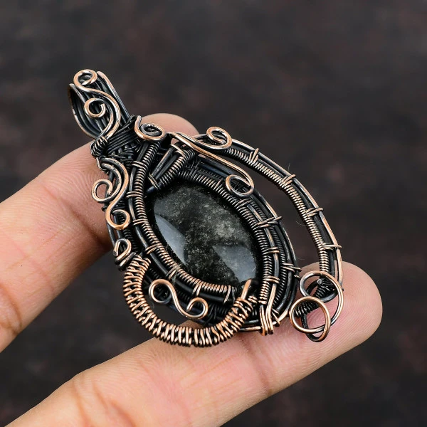 Silver Sheen Obsidian Oval Black Handmade Copper Wire Wrapped Pendant