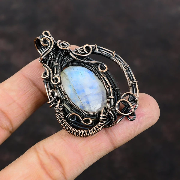 Rainbow Moonstone Oval White Handmade Copper Wire Wrapped Pendant