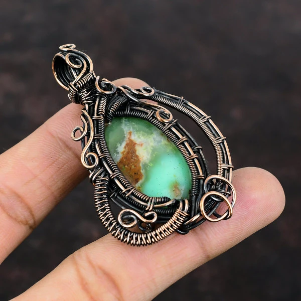 Chrysoprase Oval Green Handmade Copper Wire Wrapped Pendant