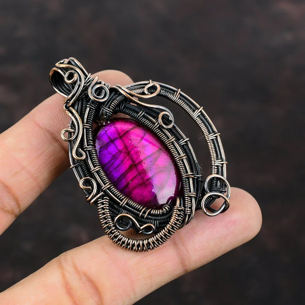 Purple Fire Labradorite Oval Purple Handmade Copper Wire Wrapped Pendant