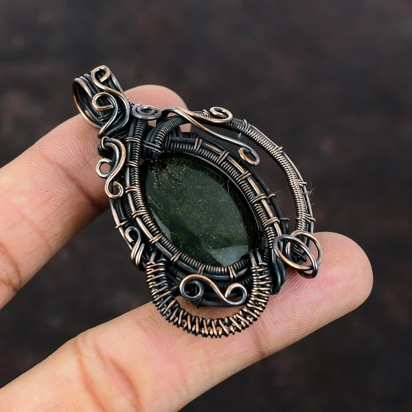 Bloodstone Oval Green Handmade Copper Wire Wrapped Pendant