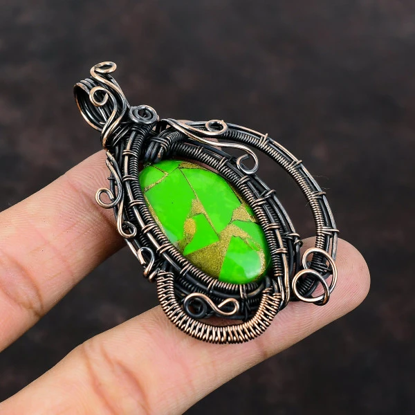 Copper Green Turquoise Oval Green Handmade Copper Wire Wrapped Pendant
