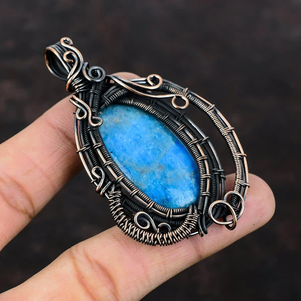 Neon Apatite Oval Blue Handmade Copper Wire Wrapped Pendant