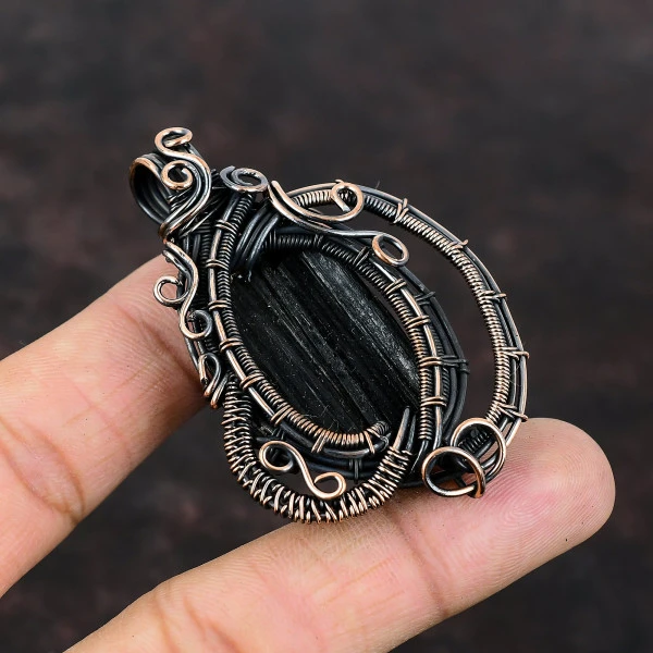 Black Tourmaline Rough Oval Black Handmade Copper Wire Wrapped Pendant