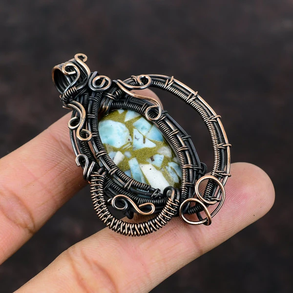 Copper Larimar Oval Blue Handmade Copper Wire Wrapped Pendant