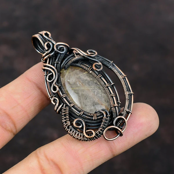Golden Rutile Oval Yellow Handmade Copper Wire Wrapped Pendant
