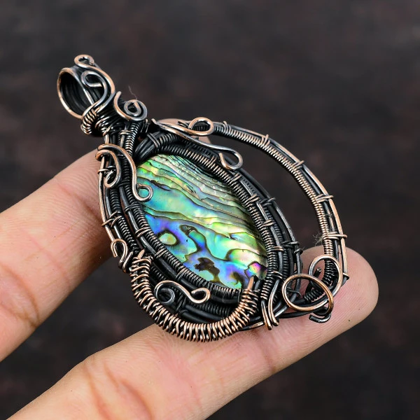 Abalone Shell Oval Green Handmade Copper Wire Wrapped Pendant