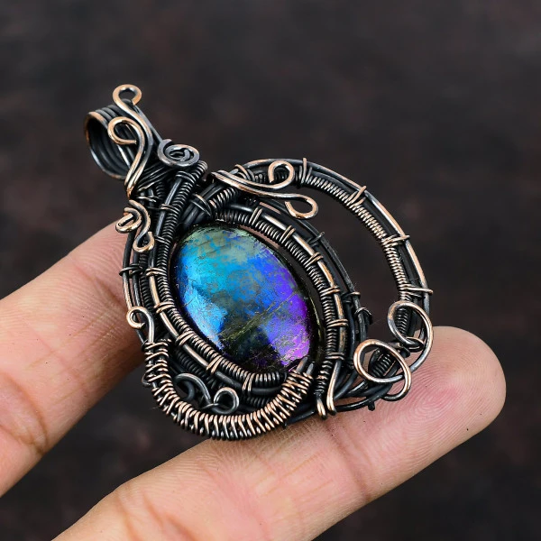 Mystic Fire Labradorite Oval Gray Handmade Copper Wire Wrapped Pendant