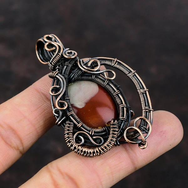 Noreena Jasper Oval Red Handmade Copper Wire Wrapped Pendant